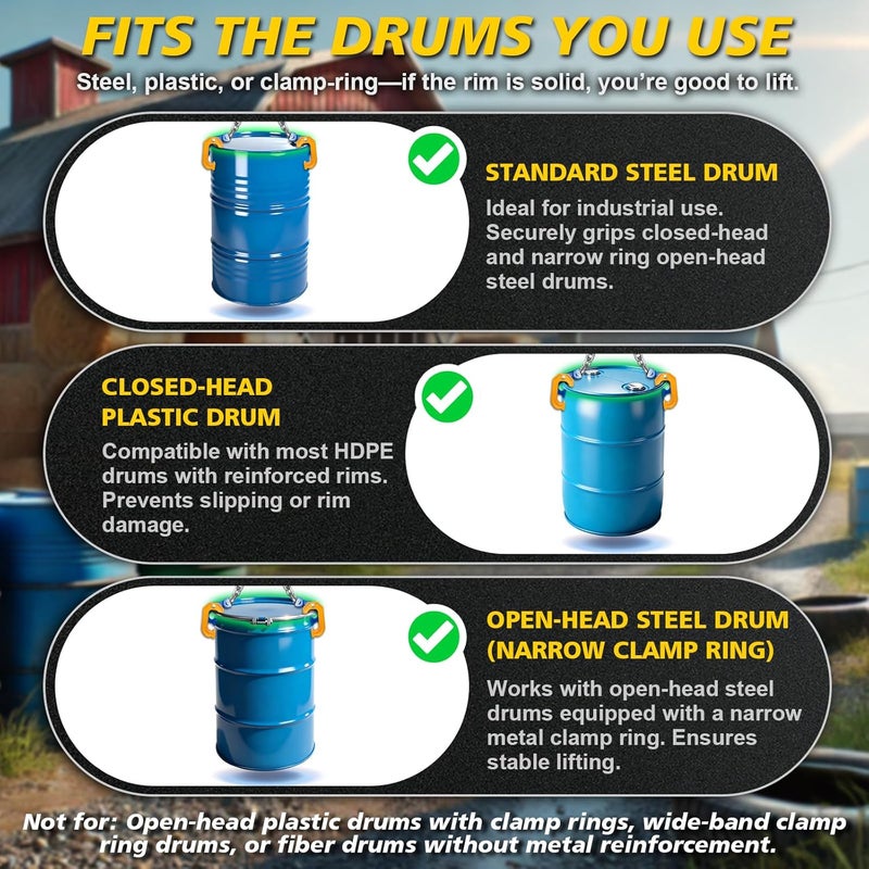 FITHOIST Chain Drum Lifter | 2200 lbs Vertical Drum Clamp Barrel Lift with Self-Lock Hook | Drum Handling Equipment 1 ton Capacity | Fit for 30-55 Gallon Barrel - Image 3